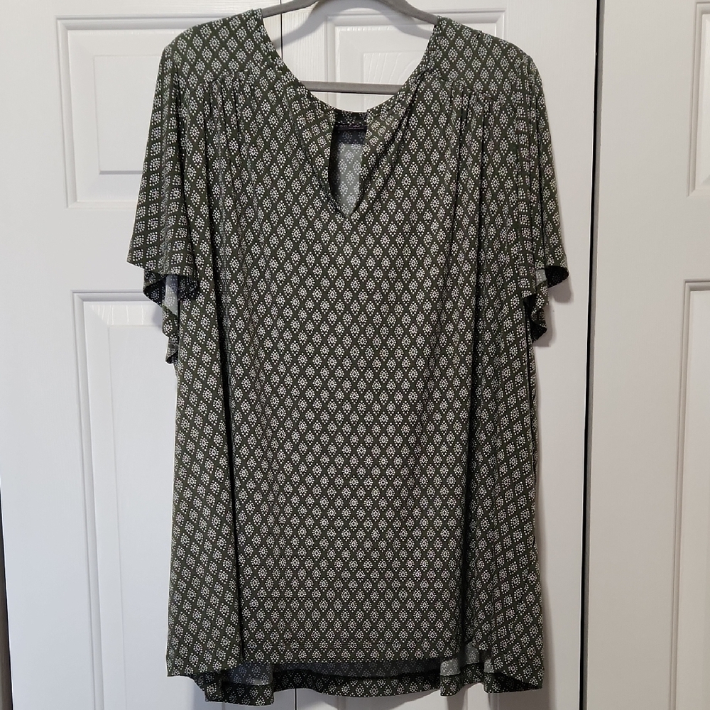 Lane Bryant Green and White Patterned Blouse